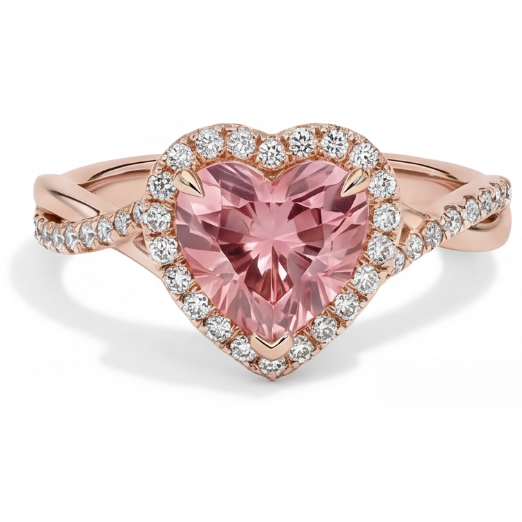 Bague Saphir Padparadscha 3,8 Carats de laboratoire Halo Cœur Torsadée Or Rose 14K