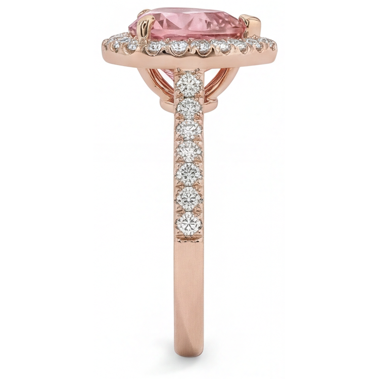 Bague Halo Cœur en Or Rose 14 Carats avec Saphir Padparadscha Véritable de 2,3 Carats