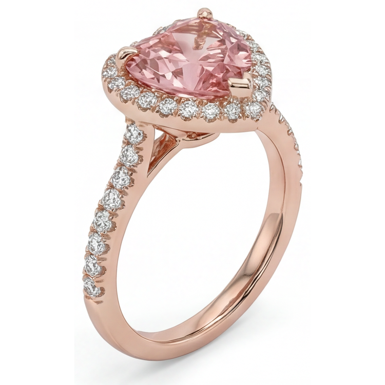 Bague en Saphir Padparadscha Véritable 2,3 Carats Halo Cœur en Or Rose 14 Carats