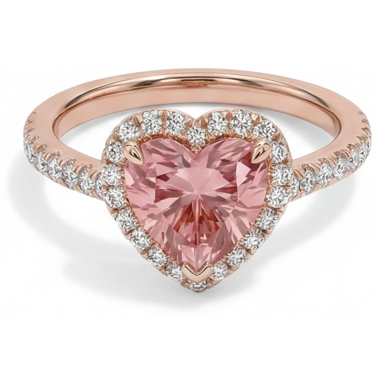 Bague en Saphir Padparadscha Véritable 2,3 Carats Halo Cœur en Or Rose 14 Carats