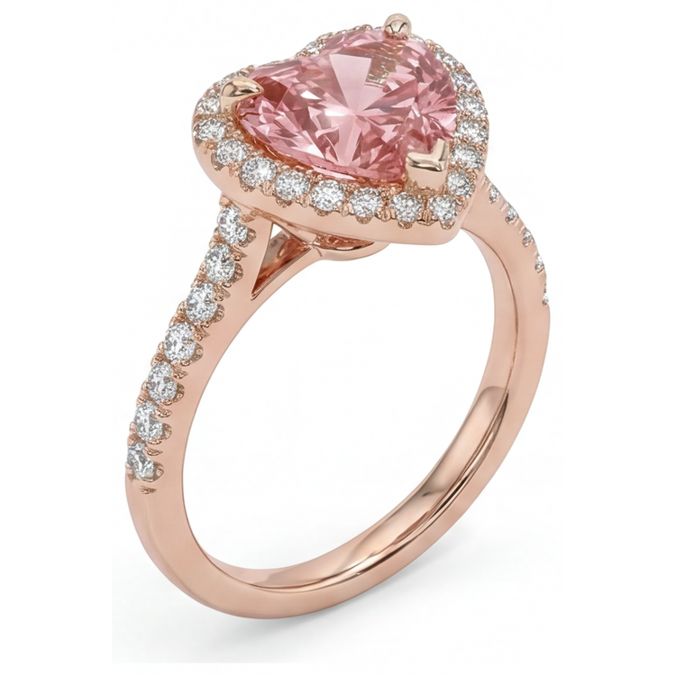 Bague Halo Cœur en Or Rose 14 Carats avec Saphir Padparadscha Véritable de 2,3 Carats