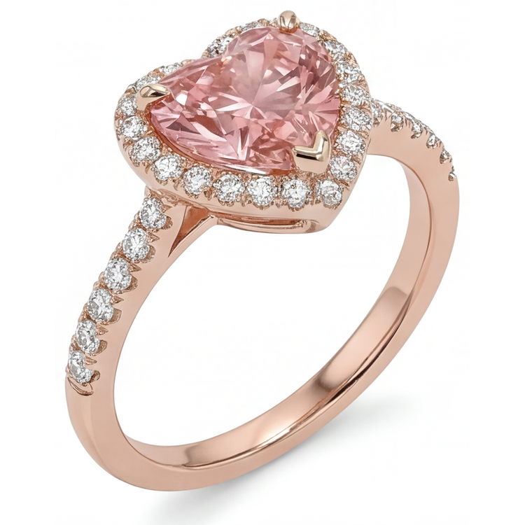 Bague Saphir Padparadscha Véritable 2,3 Carats Halo Cœur en Or Rose 14 Carats