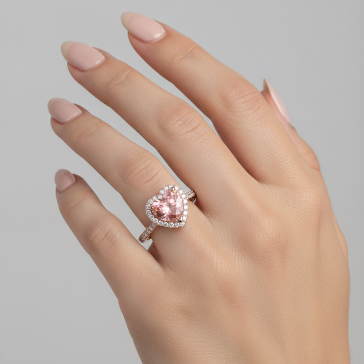 Bague Halo cœur en saphir Padparadscha véritable de 2,3 carats en Or Rose 14 carats