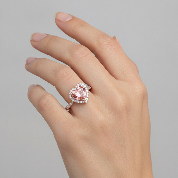 Bague en Saphir Padparadscha Véritable 2,3 Carats Halo Cœur en Or Rose 14 Carats
