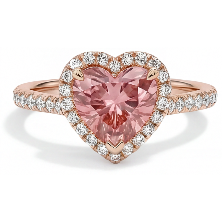 Bague Saphir Padparadscha Véritable 2,3 Carats Halo Cœur en Or Rose 14 Carats