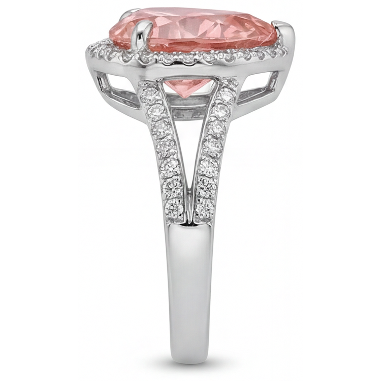 Bague Halo en Or Blanc 14 Carats avec Saphir Padparadscha Véritable Cœur Couleur Pêche 2,8 Carats