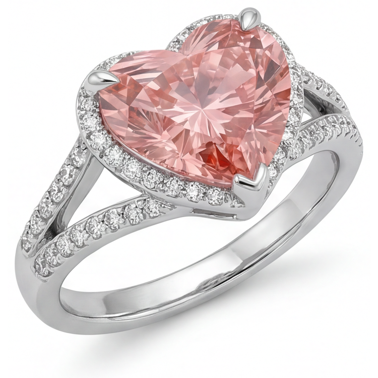 Bague Halo en Or Blanc 14 Carats avec Saphir Padparadscha Véritable Cœur Couleur Pêche 2,8 Carats