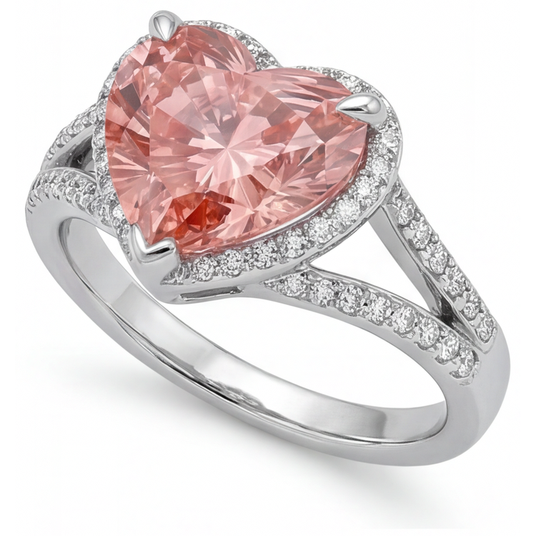 Bague Halo en Or Blanc 14 Carats avec Saphir Padparadscha Véritable Cœur Couleur Pêche 2,8 Carats