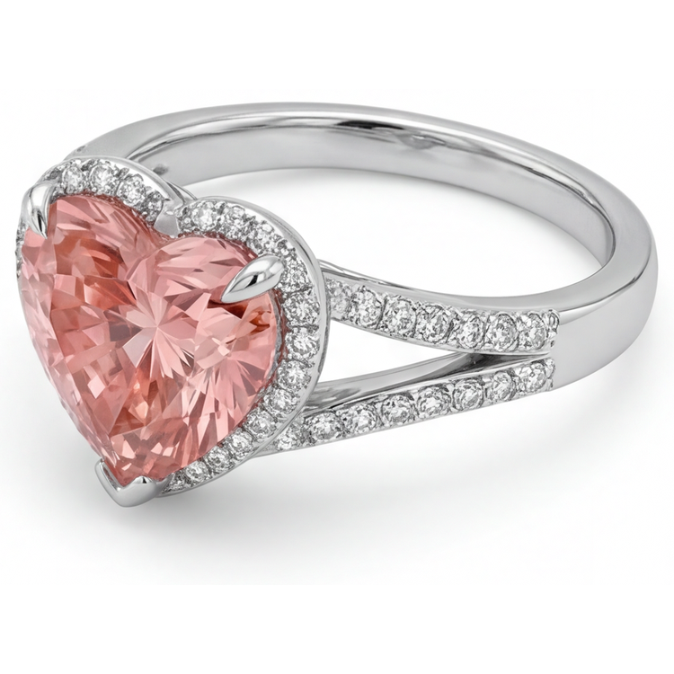 Bague Halo en Or Blanc 14 Carats avec Saphir Padparadscha Véritable Cœur Couleur Pêche 2,8 Carats