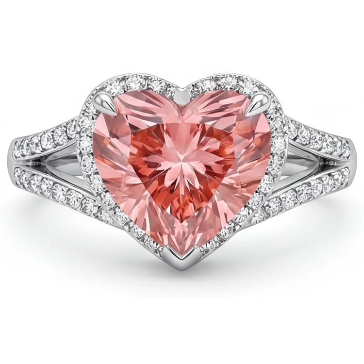 Bague Halo en Or Blanc 14 Carats avec Saphir Padparadscha Véritable Cœur Couleur Pêche 2,8 Carats