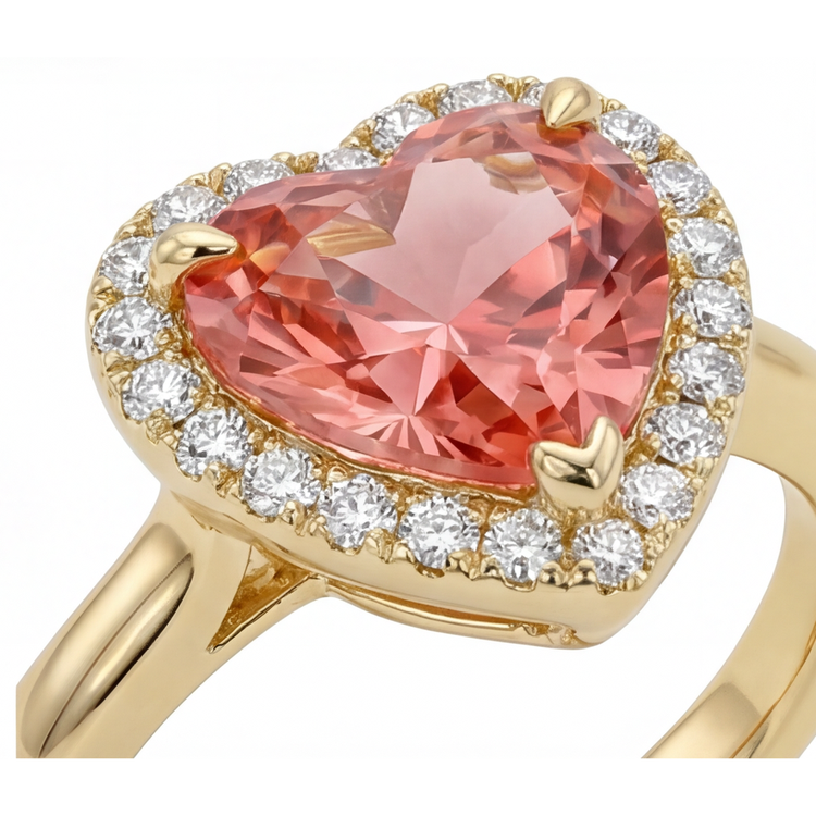 Bague de Fiançailles Saphir Padparadscha 2,8 Carats Halo Cœur Véritable en Or Jaune 14 Carats