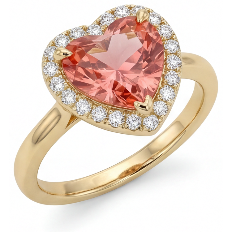 Bague de Fiançailles Saphir Padparadscha 2,8 Carats Halo Cœur Véritable en Or Jaune 14 Carats