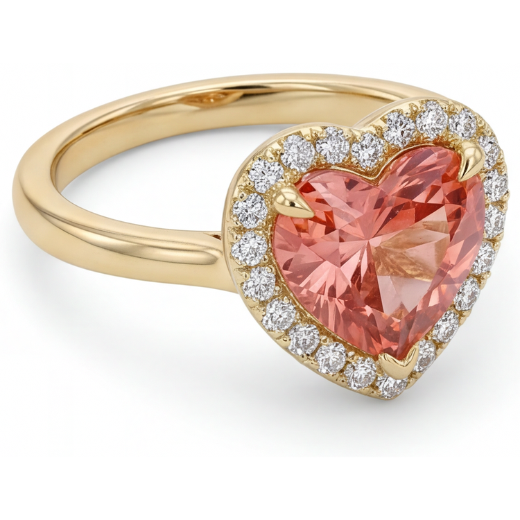 Bague de Fiançailles Saphir Padparadscha Véritable 2,8 Carats Halo Cœur en Or Jaune 14K