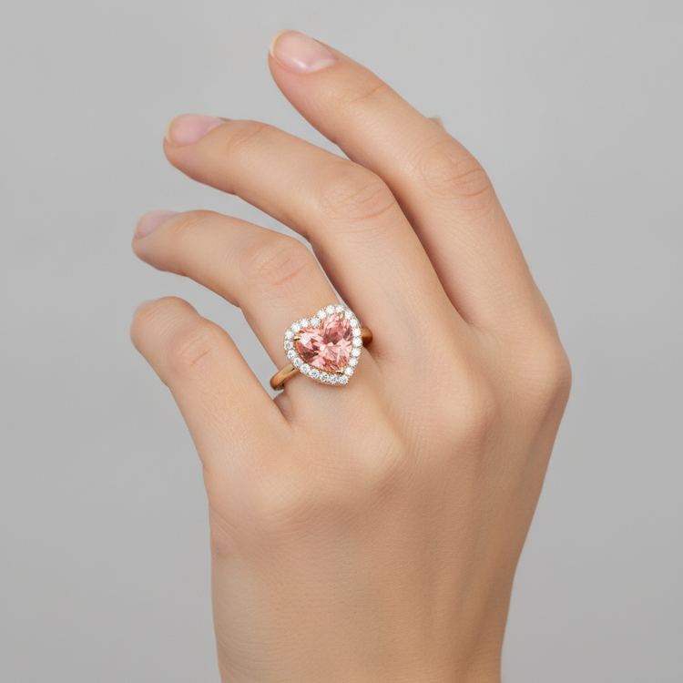 Bague de Fiançailles Saphir Padparadscha 2,8 Carats Halo Cœur Véritable en Or Jaune 14 Carats