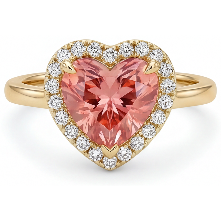 Bague de Fiançailles Saphir Padparadscha 2,8 Carats Halo Cœur Véritable en Or Jaune 14 Carats