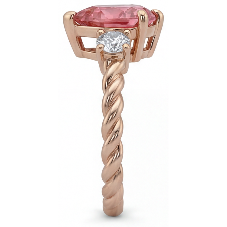 Bague Trois Pierres en Or Rose 14K avec Saphir Padparadscha Véritable Forme Cœur 1,9 Carat