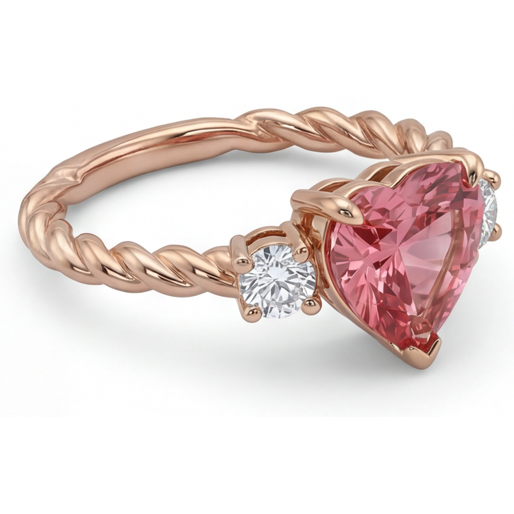 Bague Trois Pierres en Or Rose 14K avec Saphir Padparadscha Véritable Forme Cœur 1,9 Carat