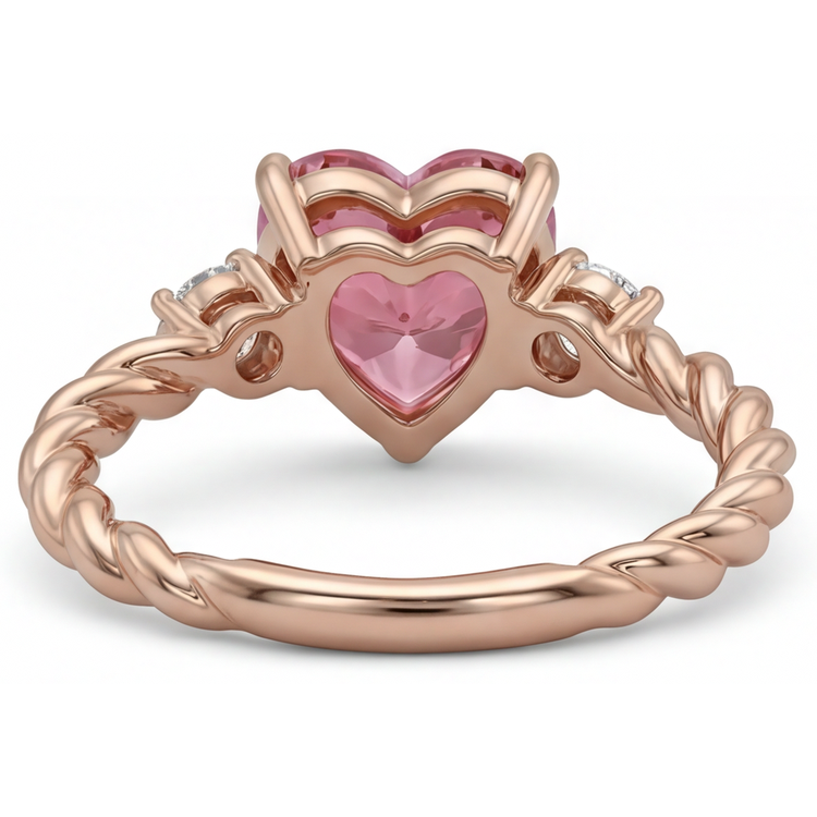 Bague Trois Pierres en Or Rose 14K avec Saphir Padparadscha Véritable Forme Cœur 1,9 Carat