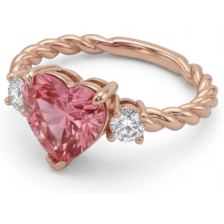 Bague Trois Pierres en Or Rose 14K avec Saphir Padparadscha Véritable Forme Cœur 1,9 Carat