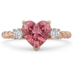 Bague Trois Pierres en Or Rose 14K avec Saphir Padparadscha Véritable Forme Cœur 1,9 Carat