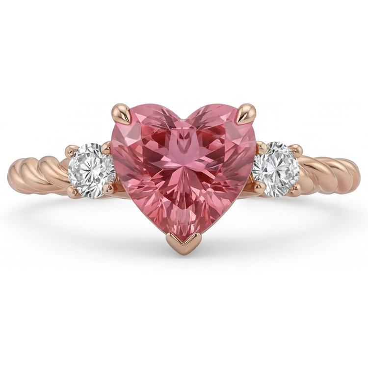 Bague Trois Pierres en Or Rose 14K avec Saphir Padparadscha Véritable Forme Cœur 1,9 Carat