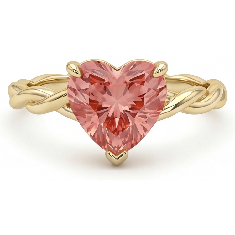 Bague solitaire torsadée en Or Jaune 14 carats avec véritable saphir Padparadscha taille cœur couleur pêche 1,5 carat