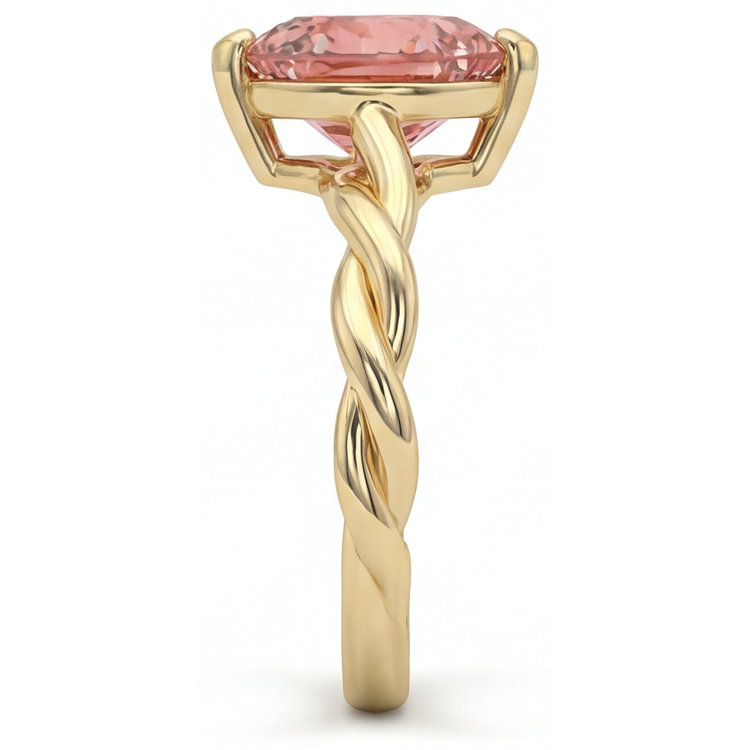 Bague Solitaire Torsadée en Or Jaune 14 Carats avec Saphir Padparadscha Véritable Forme Cœur Couleur Pêche 1,5 Carat