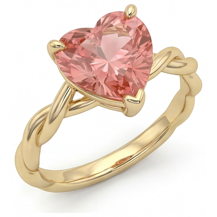 Bague Solitaire Torsadée en Or Jaune 14 Carats avec Saphir Padparadscha Véritable Forme Cœur Couleur Pêche 1,5 Carat