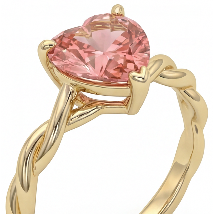 Bague solitaire torsadée en Or Jaune 14 carats avec véritable saphir Padparadscha taille cœur couleur pêche 1,5 carat
