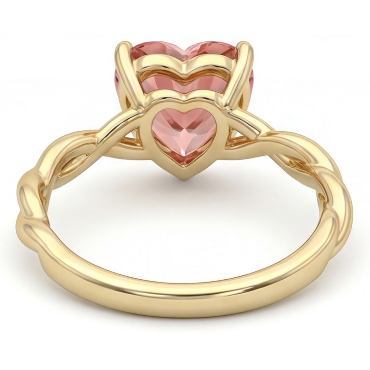 Bague solitaire torsadée en Or Jaune 14 carats avec véritable saphir Padparadscha taille cœur couleur pêche 1,5 carat