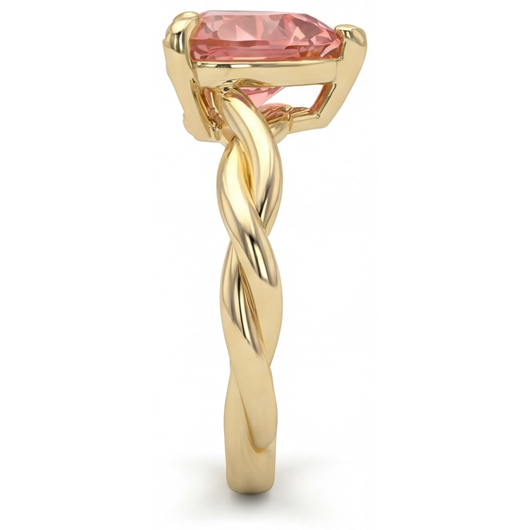 Bague de Fiançailles Solitaire Torsadé en Or Jaune 14 Carats avec Saphir Padparadscha Pêche Véritable Taille Cœur 1,5 Carat