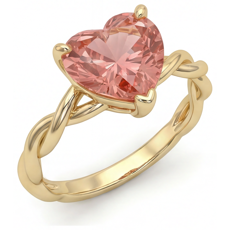 Bague de Fiançailles Solitaire Torsadé en Or Jaune 14 Carats avec Saphir Padparadscha Pêche Véritable Taille Cœur 1,5 Carat