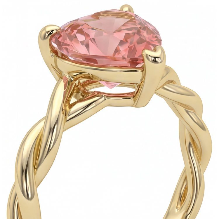 Bague de Fiançailles Solitaire Torsadé en Or Jaune 14K avec Véritable Saphir Padparadscha Pêche Taille Cœur 1,5 Carat