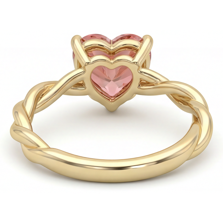 Bague de Fiançailles Solitaire Torsadé en Or Jaune 14 Carats avec Saphir Padparadscha Pêche Véritable Taille Cœur 1,5 Carat