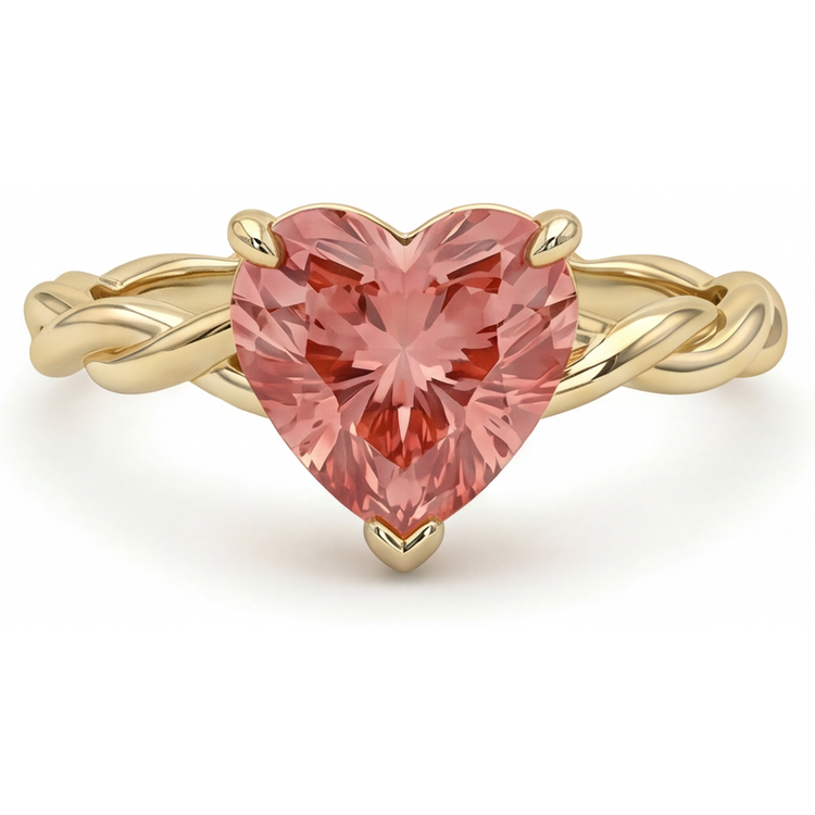 Bague de Fiançailles Solitaire Torsadé en Or Jaune 14 Carats avec Saphir Padparadscha Pêche Véritable Taille Cœur 1,5 Carat