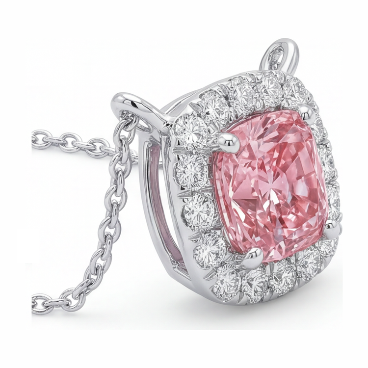 Collier Pendentif Halo Coussin en Diamant Rose de Laboratoire 3,75 Carats en Or Blanc 14 Carats