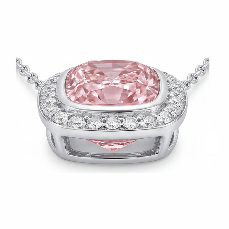 Collier Pendentif Diamant Rose de laboratoire 2,25 Carats Coussin Halo en Or Blanc 14 Carats