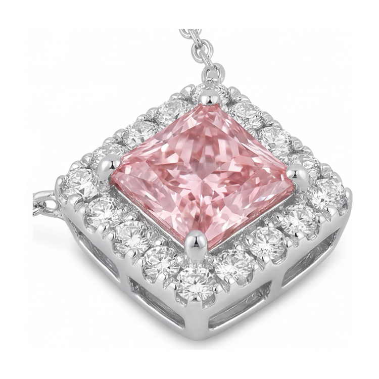Collier Pendentif en Diamant Rose de laboratoire 4,5 Carats, Taille Radiant, Halo Pavé, Or Blanc 14 Carats