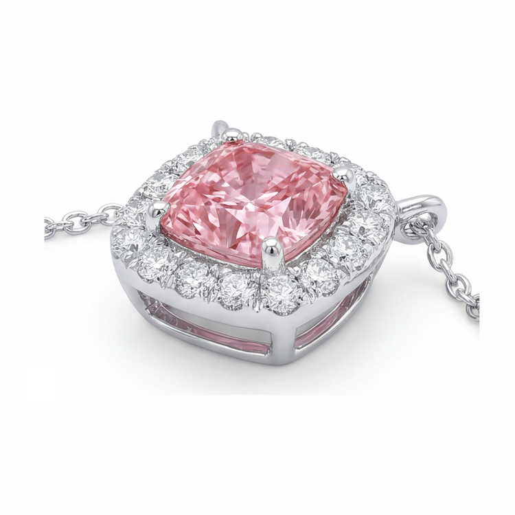 Collier Pendentif Halo Coussin en Diamant Rose de Laboratoire 3,75 Carats en Or Blanc 14 Carats