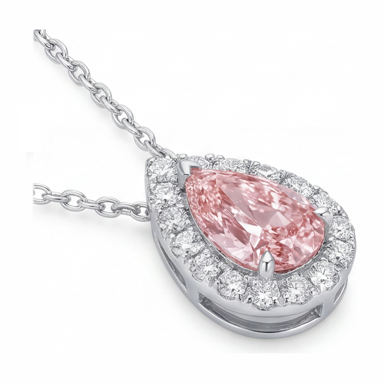 Collier Pendentif Halo Poire en Diamant Rose de Laboratoire 2 Carats en Or Blanc 14 carats