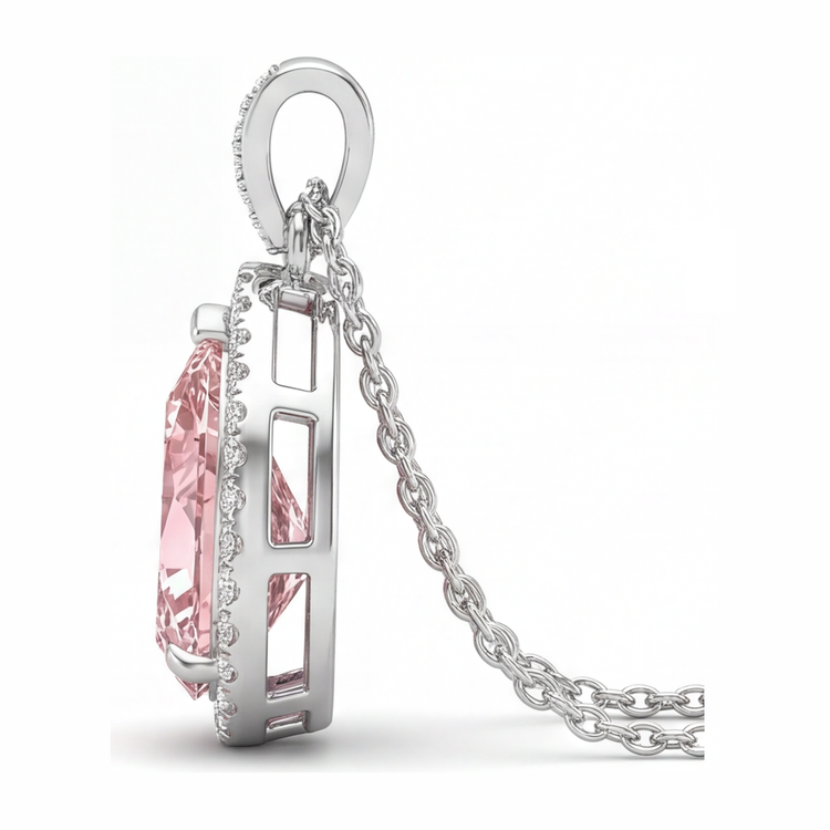 Pendentif Halo en Or Blanc 14 carats avec Diamant Rose de laboratoire taille Poire 6 carats