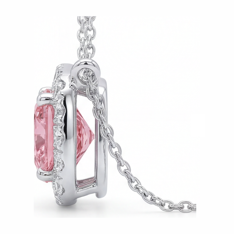 Collier Pendentif Halo Coussin en Diamant Rose de Laboratoire 3,75 Carats en Or Blanc 14 Carats