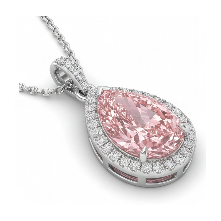 Pendentif Halo en Or Blanc 14 carats avec Diamant Rose de laboratoire taille Poire 6 carats