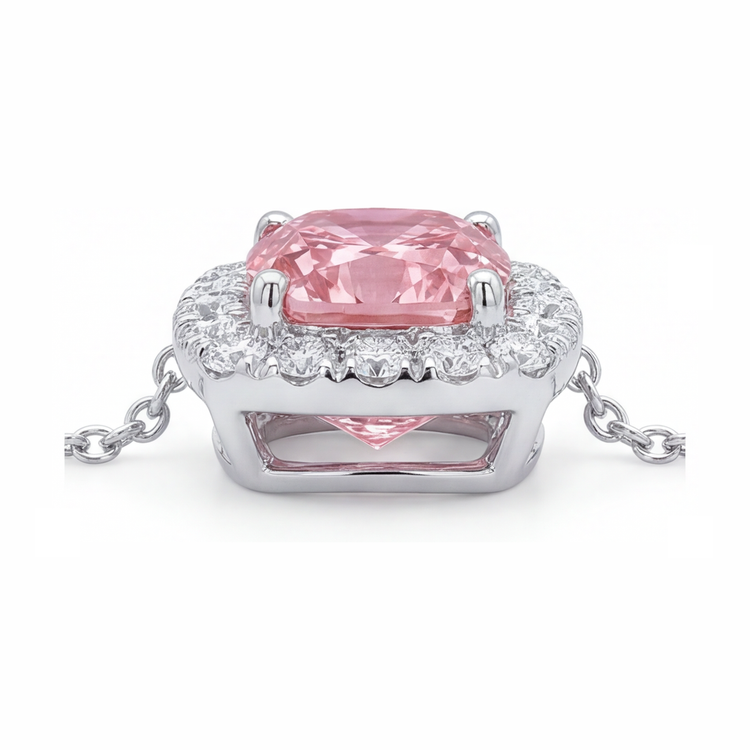 Collier Pendentif en Diamant Rose de laboratoire Coussin Halo 3,75 Carats en Or Blanc 14K