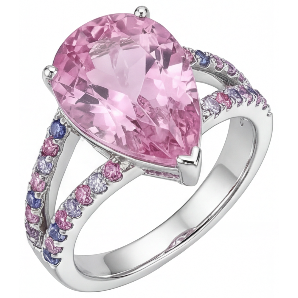 Kunzite Solitaire avec Pierres Latérales 12-carats Or 14K Blanc – vue principale