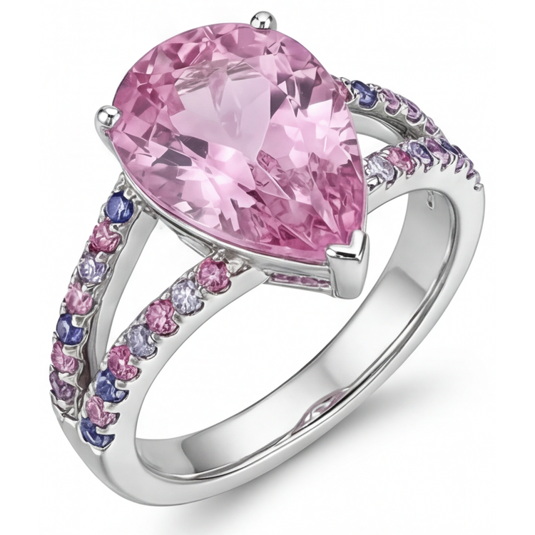 Goutte Kunzite bague en Or 14K Blanc – vue d'angle
