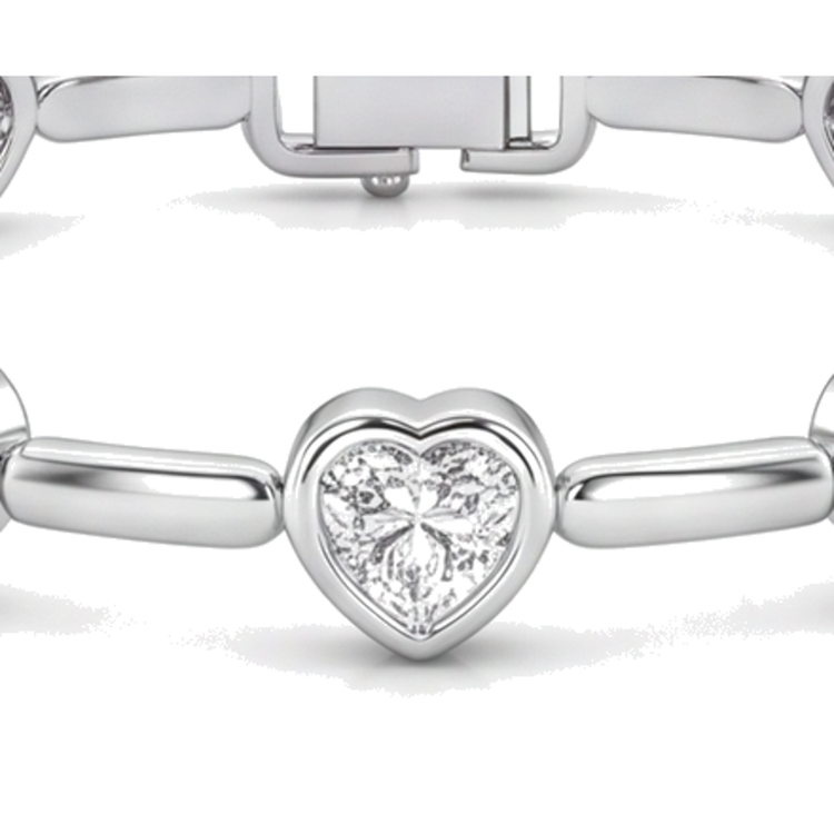 Bracelet en diamants de laboratoire 4 carats à maillons cœurs et barrettes en Or Blanc 14 carats, 7 pouces
