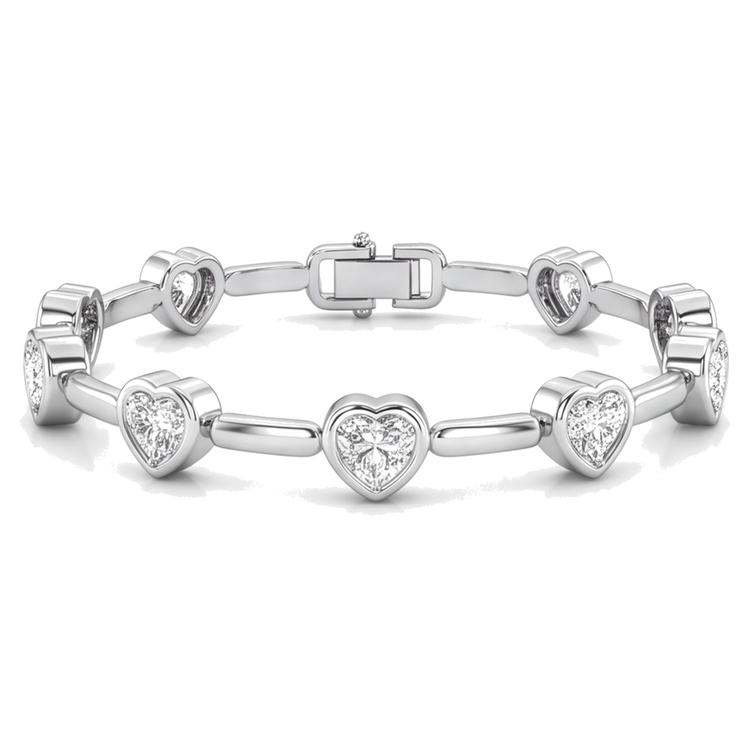 Bracelet en diamants de laboratoire 4 carats à maillons barres et cœurs en Or Blanc 14 carats, 7 pouces