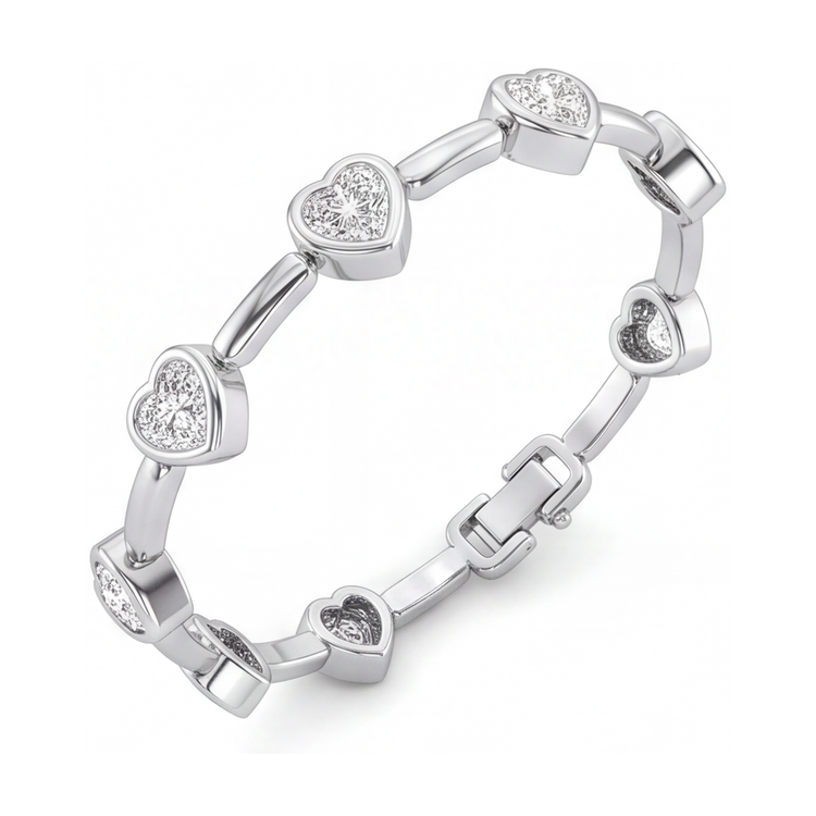 Bracelet en diamants de laboratoire 4 carats à maillons barres et cœurs en Or Blanc 14 carats, 7 pouces