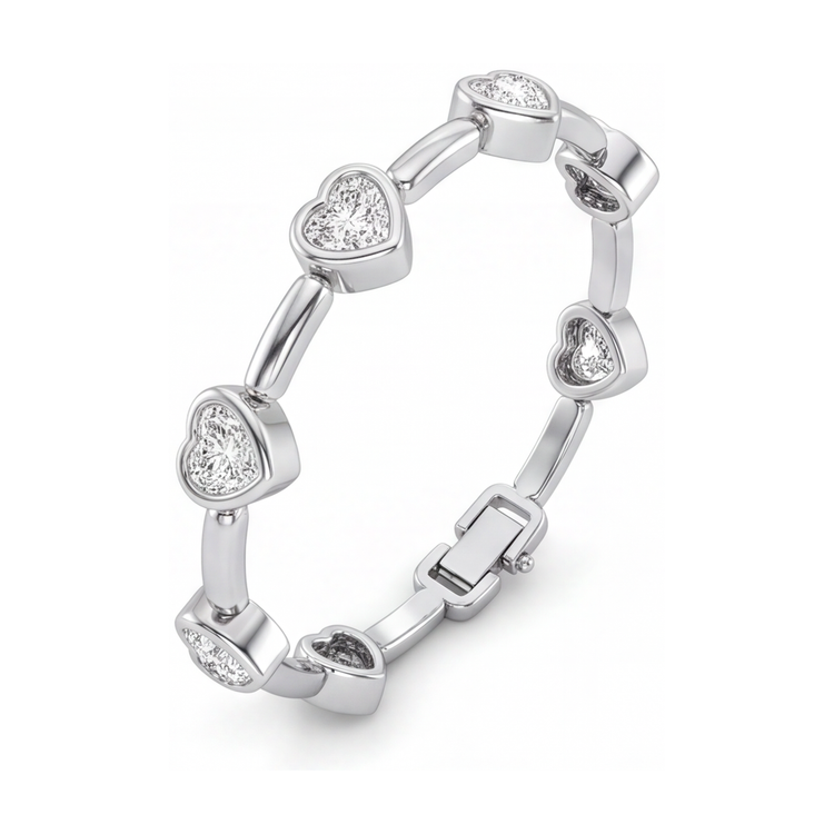 Bracelet en diamants de laboratoire 4 carats à maillons cœurs et barrettes en Or Blanc 14 carats, 7 pouces
